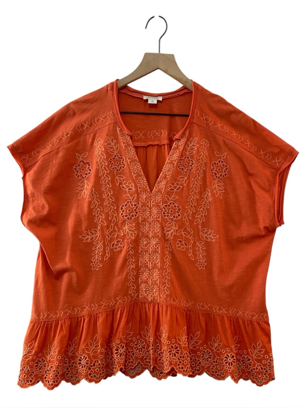 Sundance Orange/Coral Embroidered Peplum Top Size XL Summer Lightweight
